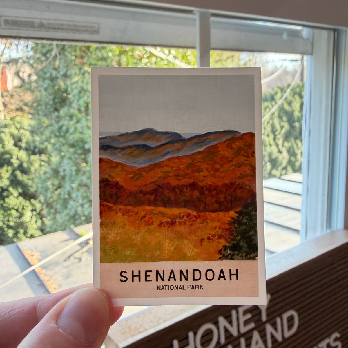 Card with Shenandoah National Park illustration held up to a window